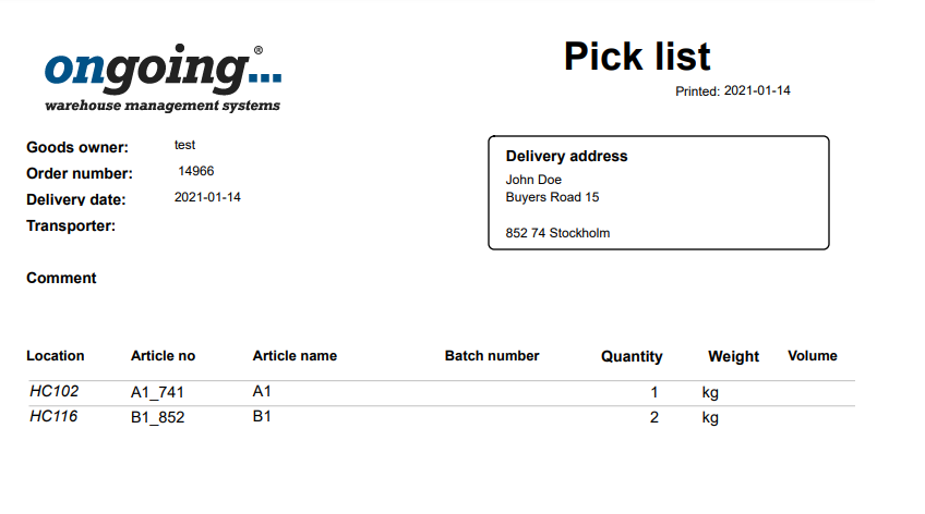 Ongoing WMS automatically creates a Picking list pdf for an order chosen by the user.