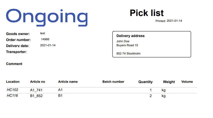 Ongoing WMS automatically creates a Picking list pdf for an order chosen by the user.