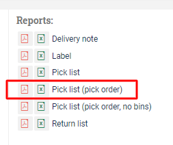 View of available reports, with Pick list (pick order) circled.