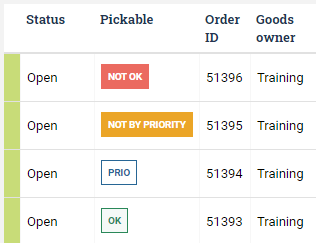 Orders with different pickability status in the column named Pickable.