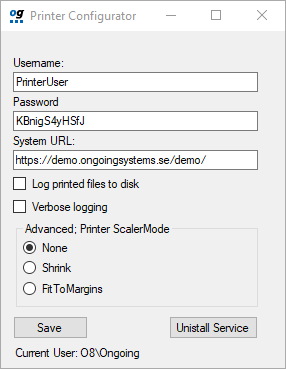 Printer configurator window.