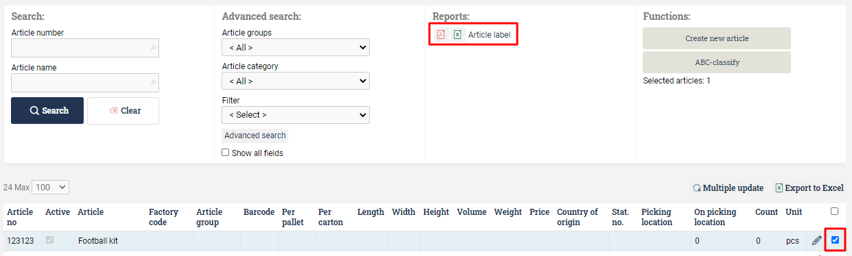 Manually print article barcode label in Ongoing WMS