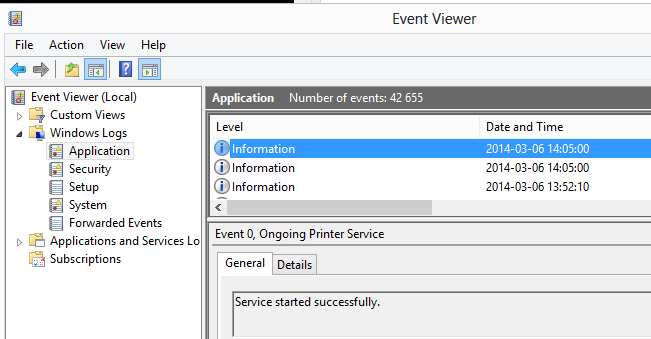 Event viewer window saying that the service started successfully.