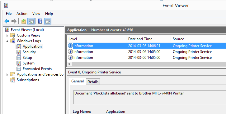 Event viewer window saying that a document was sent to a printer.