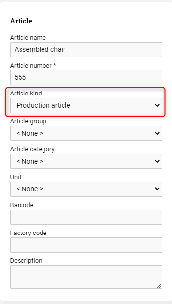 Article card for assembled chair with a tick in the Production article checkbox.