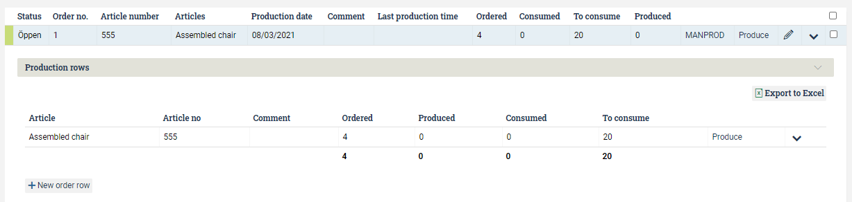 Detailed view of the expanded production order.