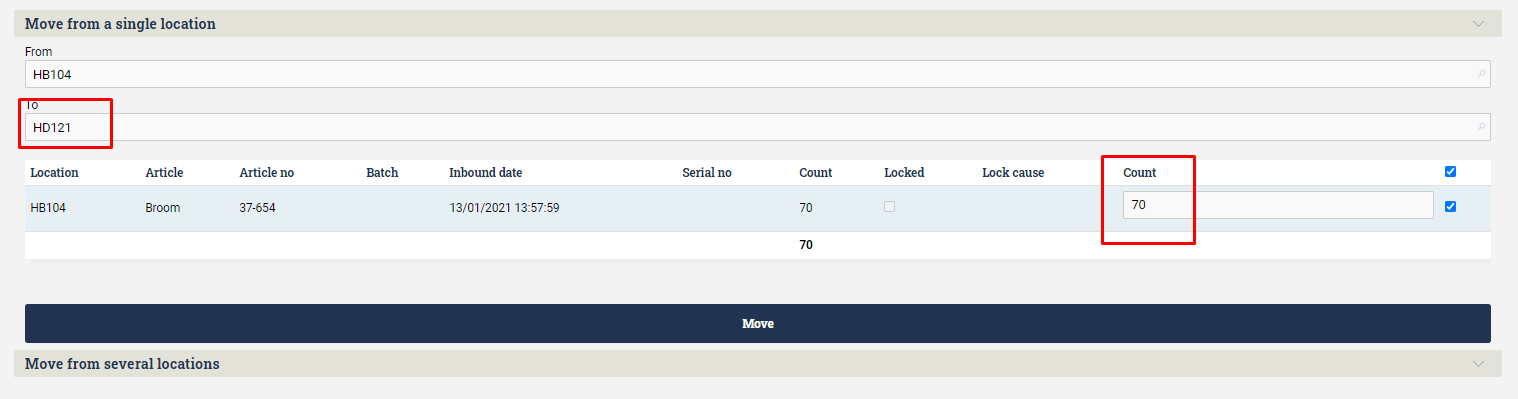 Form for moving goods from one location to another in Ongoing WMS. Amount can be chosen by the user.