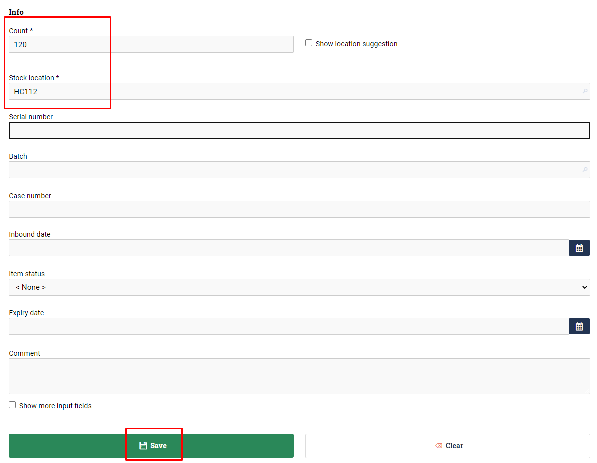 Form to fill out details about received order. Such as quantity of received goods, stock location etc.