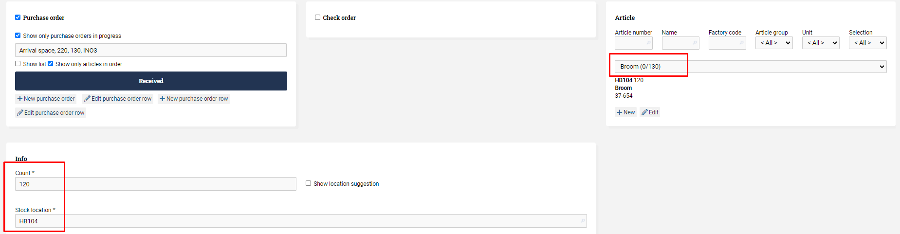 Form to fill out article, amount of article, and stock location when receiving goods.