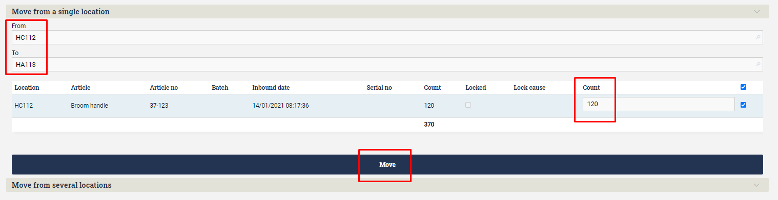 Form for moving goods from one location to another in Ongoing WMS. Amount can be chosen by the user.