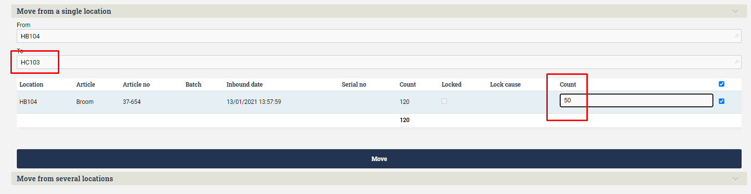 Form for moving goods from one location to another in Ongoing WMS. Amount can be chosen by the user.