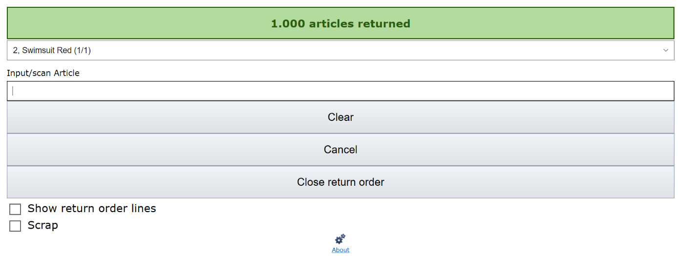 View of scanning module with a green banner notifying that the articles have been returned.