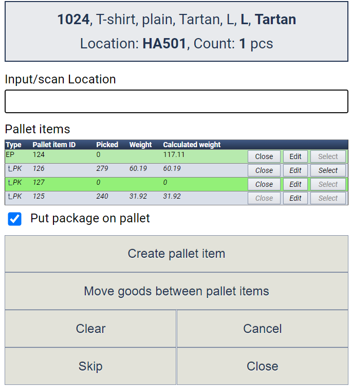 Scanning dialogue showing pallet items, different buttons, and goods to pick.