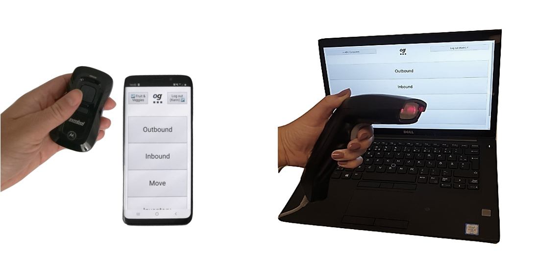 Handheld bluetooth scanner next to a smartphone, and a handheld USB scanner next to a laptop.