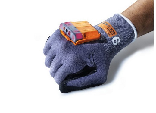 Hand wearing a glove with a bluetooth scanner.