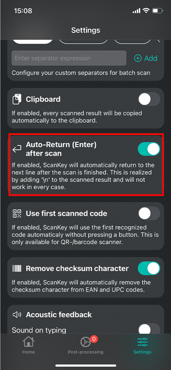 Auto-return feature in ScanKey