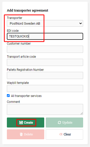 Transporter agreement form filled out with Transporter and EDI code.