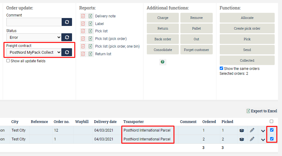 Order list with two orders selected and the freight contract drop down list circled.