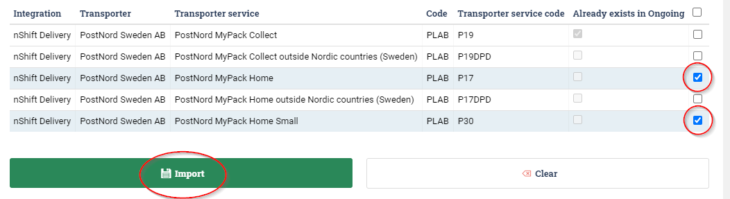 List of transporter services. PostNord International Parcel and PostNord MyPack Home Small are selected, and the Import button is circled.