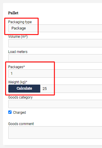 Form filled out with packageing type, number of packages, and weight.