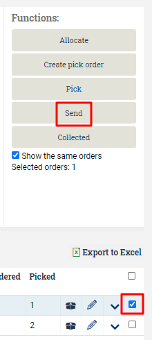 Order list view with one order selected and the Send button circled.