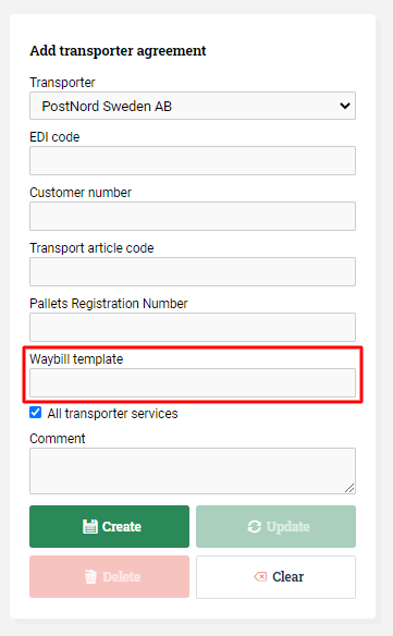 Transporter agreement form with the waybill template field circled.