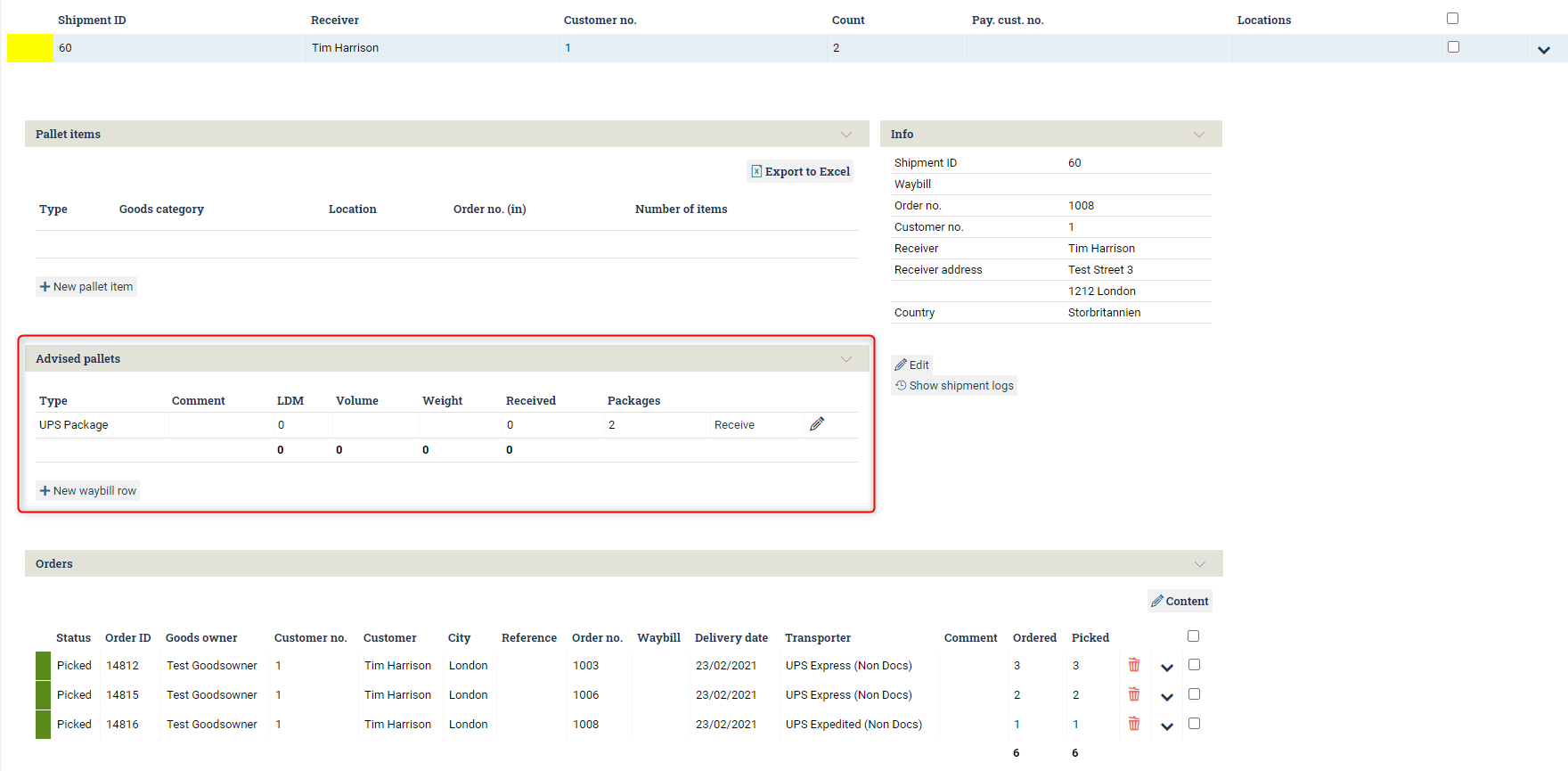 Detailed view of an order in the order list. Section named Advised pallets is circled.