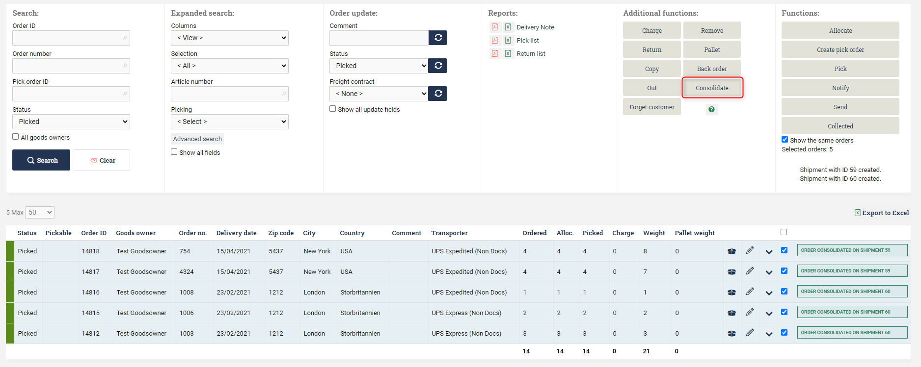 View of the order list with five marked orders and the Consolidate button circled.