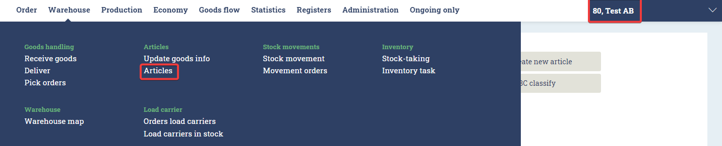 Location of the Articled menu in the Warehouse settings tab.
