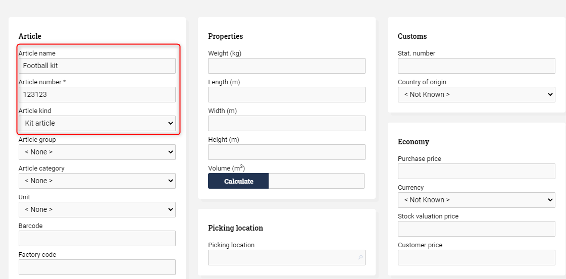 Form for creating a new article filled out with article name and article number, and the Kit article checkbox is ticked.