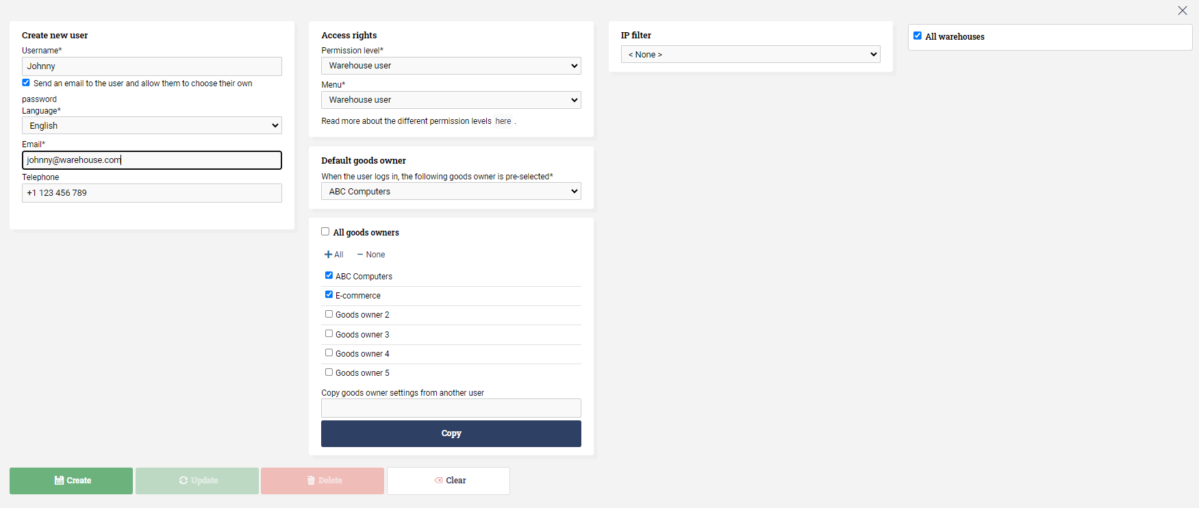 Form to create new warehouse user in Ongoing WMS.