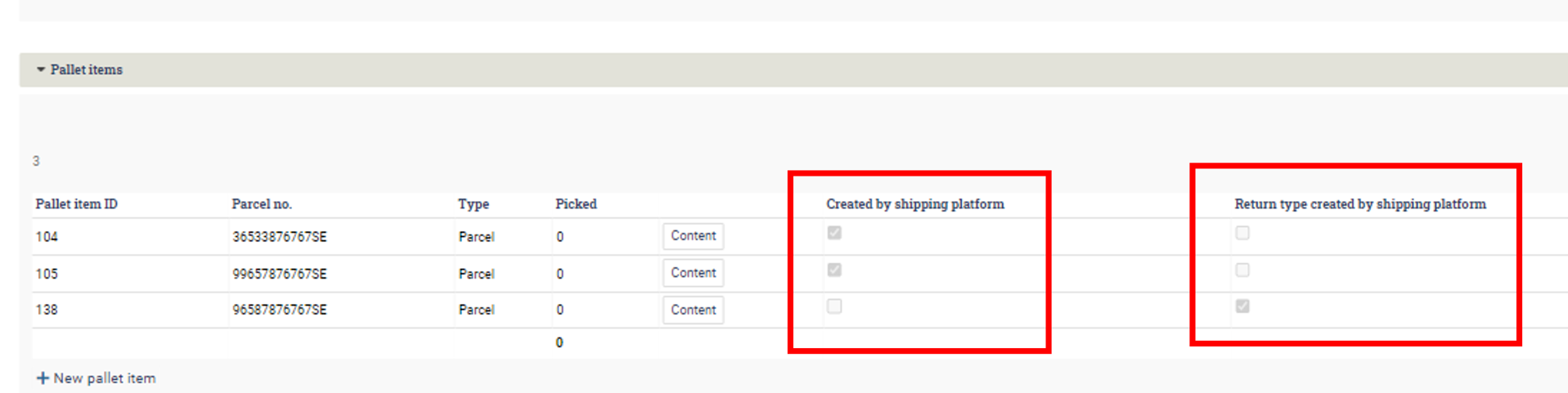 Pallet items created by integration to shipping platform.