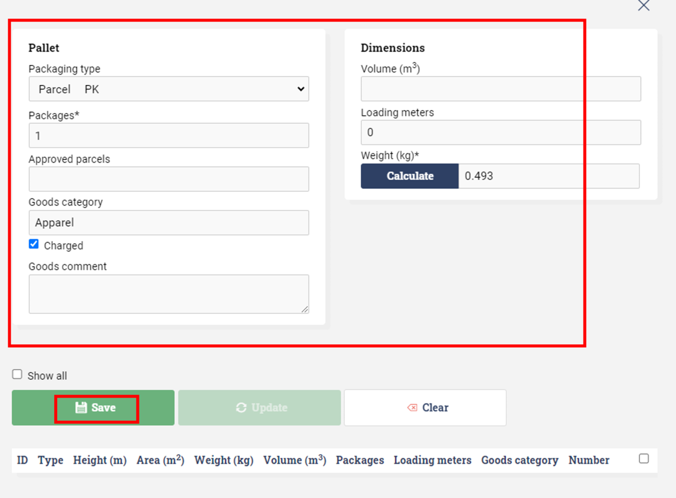 Entering details to a waybill row