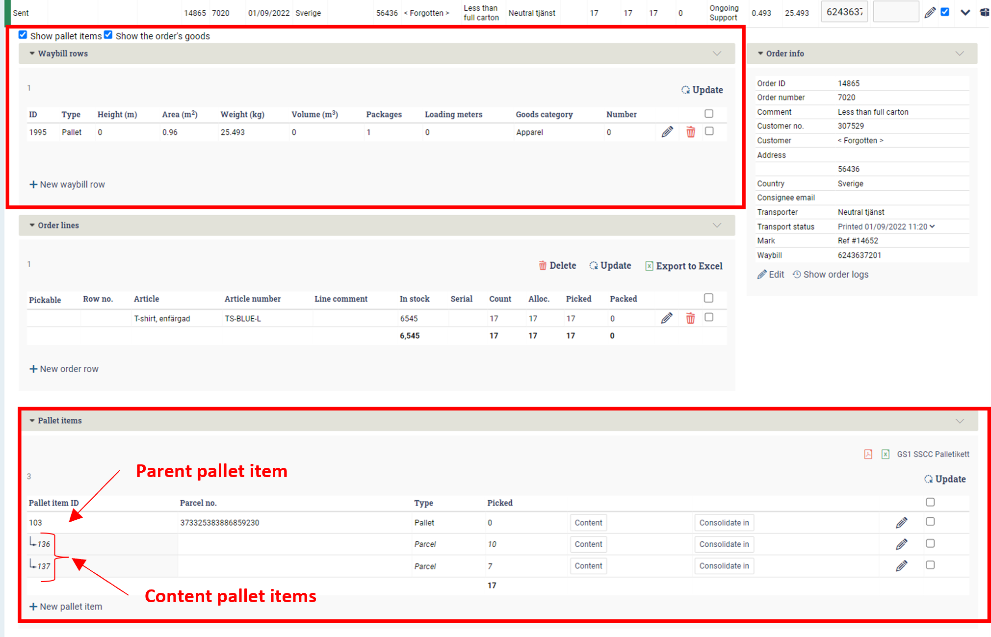 Waybill rows and pallet items on an order.